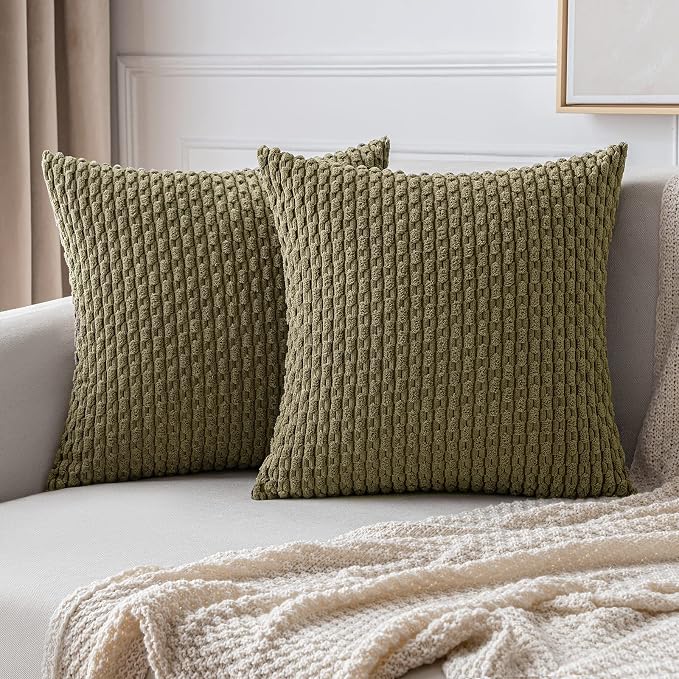 MIULEE Decorative Throw Pillow Covers 16x16 Olive Green Textured Corduroy | Pack of 2 Striped Pillow Covers Modern Farmhouse Coastal Home Decor for Couch Bed Sofa Living Room