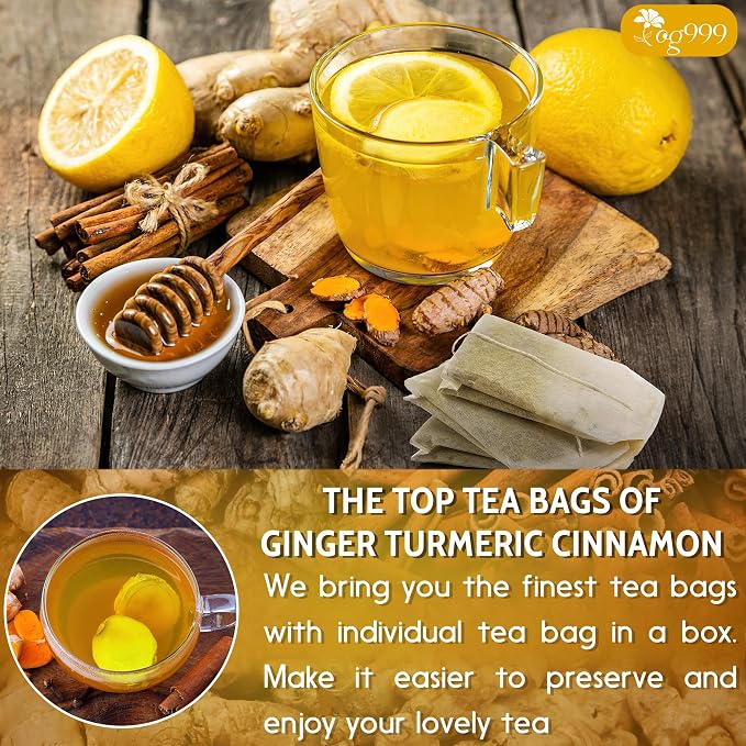 TOG999, Premium 15 Tea Bags Turmeric, Ginger, Cinnamon, 100% Natural, Hand-made Blend of Turmeric, Ginger, and Cinnamon Herbal Tea. Eco-conscious Tea Bags. No Sugar, No Caffeine, No Gluten, Vegan.