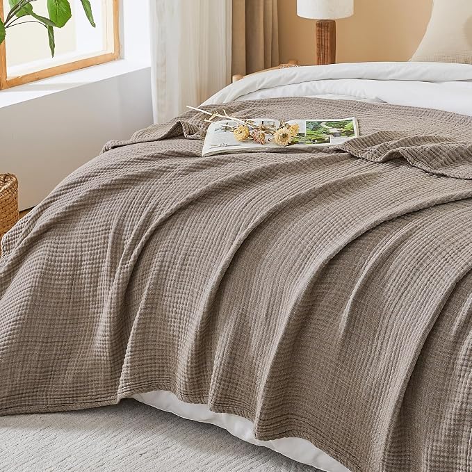 EMME Cotton Muslin Queen Blanket Bed Layering Bedspread Coverlet Breathable Gauze Soft Lightweight Blankets (Heather Brown, 90"x90")