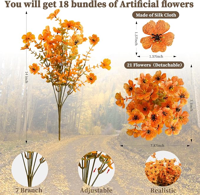 ColoPlay 18 Bundles Artificial Mums for Outdoors, Fake Flowers Fall Decor | Faux Mums for Outdoor Planters, Eucalyptus Leaves UV Resistant Fake Plants for Home Porch Box Wedding Farmhouse(Fall Orange)