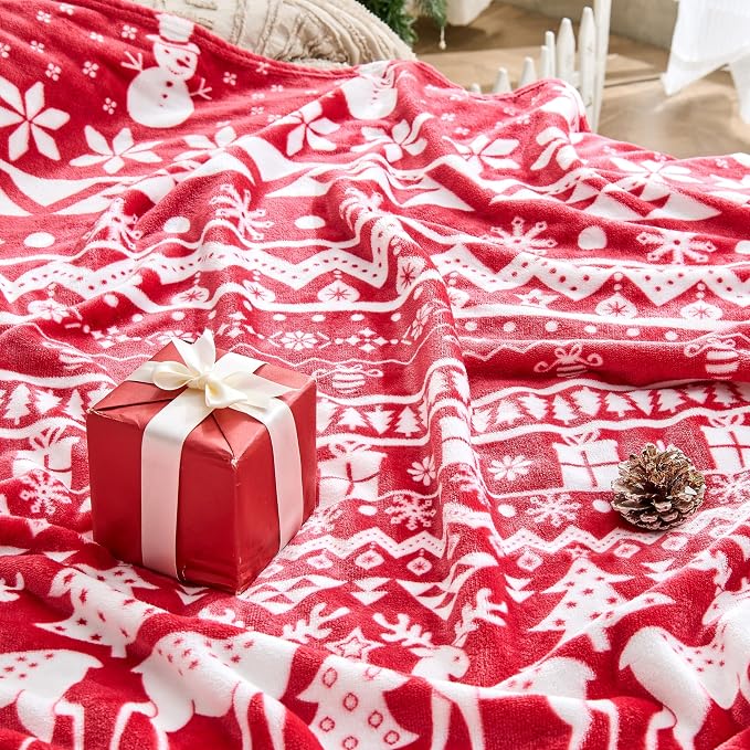 Edenleaf Christmas Blanket Soft Cozy Fleece Throws with Snowman Snowflake Reindeer and Xmas Trees Print, Fuzzy Warm Christmas Throw Blanket for Couch Bed Holiday Decorations Gifts 50"x60" (Red)
