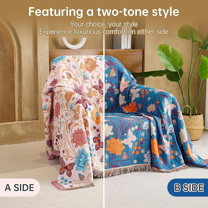 VANJOROY Boho Throw Blanket, 100% Organic Cotton Breathable Ultra Soft 60" x 80" Bed Quilt Throw - All Season Floral Rustic Farmhouse Decor Luxury Reversible Blanket for Sofa Couch Chair and Gift