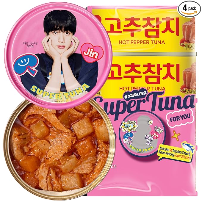 Dongwon Korean Spicy Canned Tuna, BTS Jin Super Tuna Officially Licensed 4-Pack — Collectible ARMY Gift, 1 Jin Can (7 Designs) + 3 Hot Pepper Tuna Cans + Sticker, Skipjack, 5.3oz (150g), Made in Korea