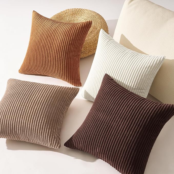 Topfinel Gold Brown Gradient Fall Pillow Case Rustic Throw Pillow Covers 22x22 Inch Set of 4 Soft Farmhouse Corduroy Striped Decorative Cushion Cover for Sofa Couch Living Room Bedroom