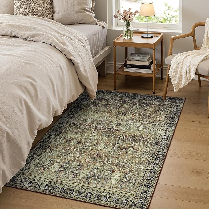 3x5 Area Rugs for Entryway, Brown Washable Non-Slip Area Rug for Kitchen | Low Pile Soft Small Rugs, Vintage-Style Carpet for Bathroom Bedroom Tool Room, Stain Resistant, Foldable Distressed Rug