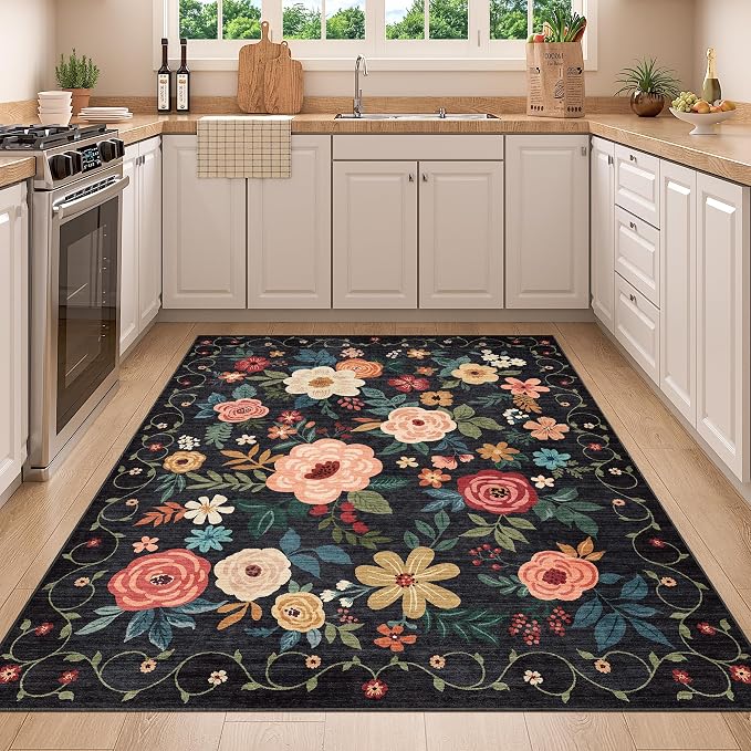 DUKINO 4x5 Area Rug for Entryway, Soft Floral Washable Rug Non Slip, Black | Low Pile, Non-Shedding Indoor Carpet for Bedroom, Kitchen, Living Room, Nursery, Pet Friendly, Stain Resistant, Home Decor