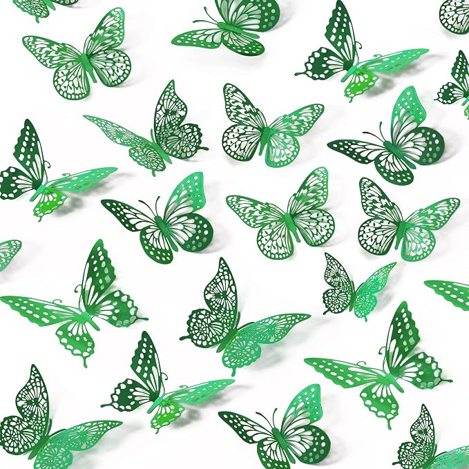 SAOROPEB 3D Butterfly Wall Decor 48 Pcs Dark Green Butterfly Decorations | 4 Styles 3 Sizes, Green Birthday Butterfly Party Decorations Butterfly Cake Decorations, Removable Stickers