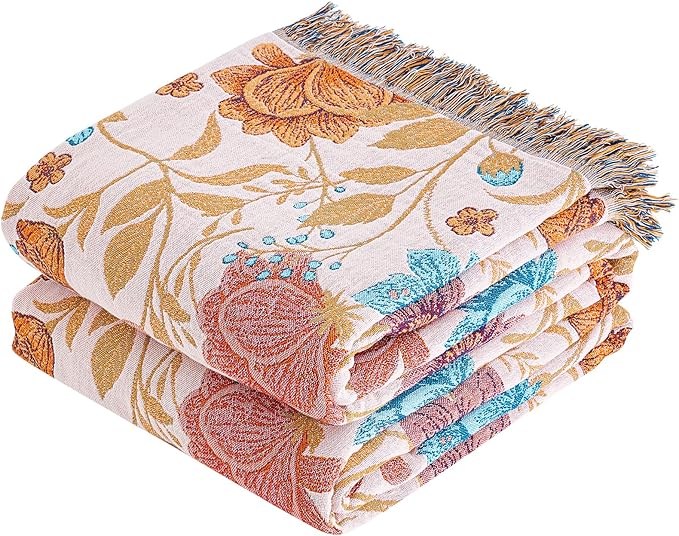 VANJOROY Boho Throw Blanket, 100% Organic Cotton Breathable Ultra Soft 50" x 60" Bed Quilt Throw - All Season Floral Rustic Farmhouse Decor Luxury Reversible Blanket for Sofa Couch Chair and Gift