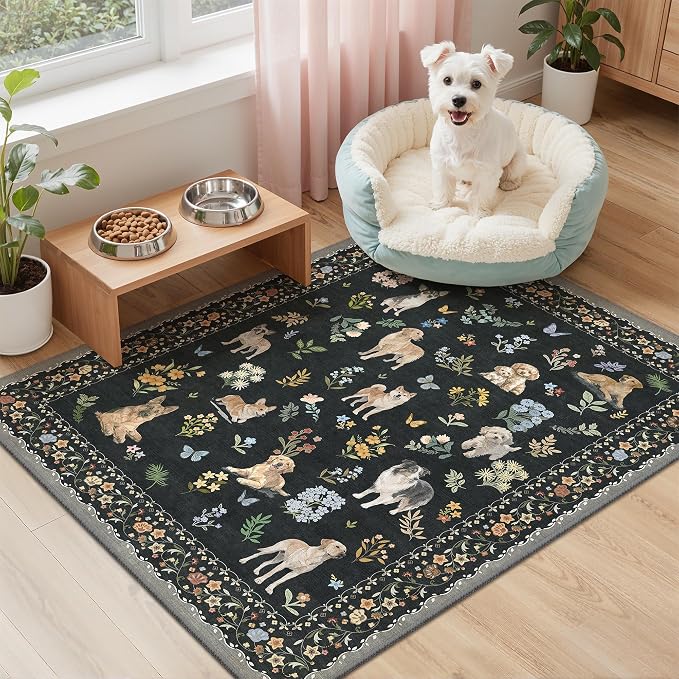 Soalmost 2x3 Dog Rugs for Entryway, Washable Door Mat Animal Soft Rug Black | Floral Small Cute Area Rug Non-Slip Low Pile Throw Rugs for Entrance Kitchen Indoor Front Door Kids Room 2' x 3'
