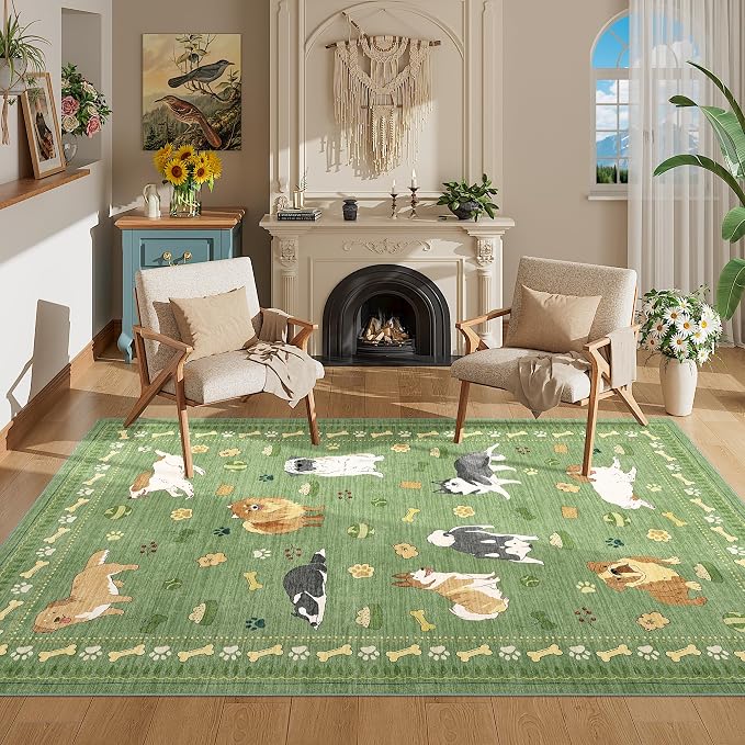 DUKINO 4x6 Area Rug, Washable Dog Rug for Living Room Non Slip, Green | Low Pile, Stain Resistant, Soft Animal Carpet for Bedroom Office Dorm Dining Room Kids Room Farmhouse, Kid & Pet Friendly