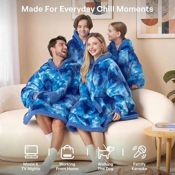 Giggling Getup Wearable Blanket Hoodie for Girls and Boys Warm Cozy Sherpa Fleece Hooded Blanket Sweatshirt Oversized Hoodie with Giant Pocket & Sleeves for Kids Dark Blue Tie Dye