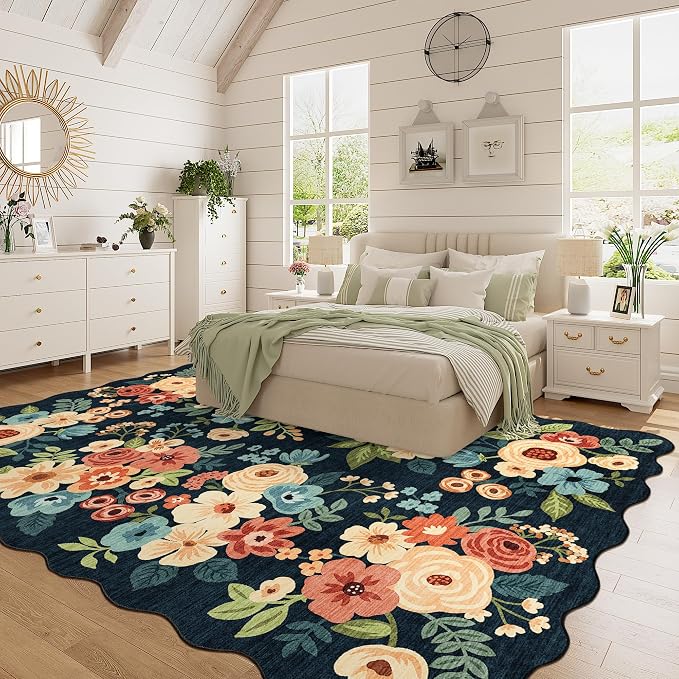 DUKINO 6x9 Area Rugs, Floral Washable Living Room Rug Non Slip, Navy Blue | Low Pile, Stain Resistant Throw Rug Runner for Entryway, Bedroom, Bathroom, Laundry, Pet Friendly, Modern Home Decor
