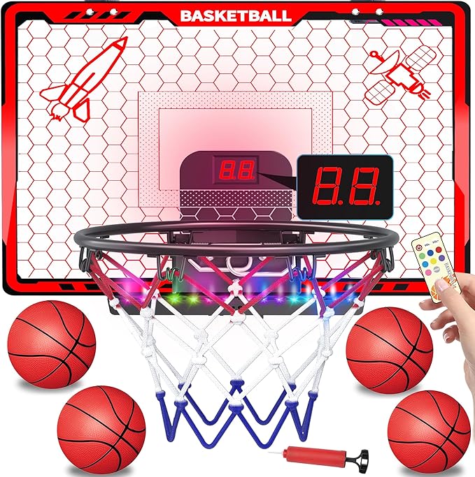 Awsoo Basketball Hoop Indoor for Kids，Mini Basketball Hoop with Colorful Light Bar，Scoreboard& 4 Basketballs, Basketball Toys Gifts for 3 4 5 6 7 8 9 10 11 12 Year Old Boys Girls (Red)