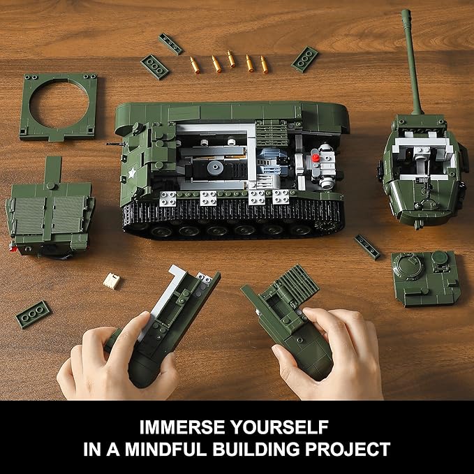 WW2 M26 Pershing Army Tank Building Sets for Adults(1703 Pieces), Compatible with Lego, Collectible US Military Tank Model kit to Build and Display, Ideal Gift for Military Fans