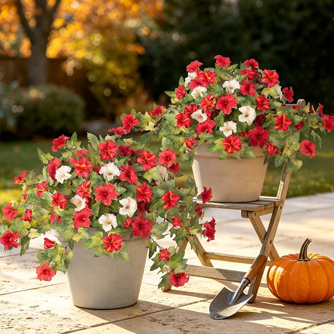 Ammyoo Artificial Fall Flowers Fake Petunias Plants for Outdoor Decoration | 4 Pcs No Maintenance Faux Silk Flowers UV Resistant Floral for Garden Window Porch Patio Real Looking Indoor Autumn Decor