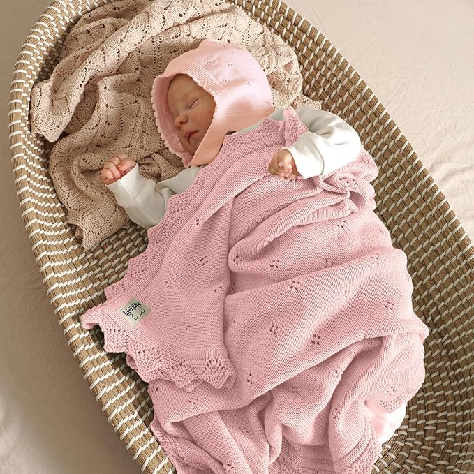 mimixiong Cotton Baby Blanket Knitted Crochet Receiving Crib Nursery Swaddling Blankets for Newborn Baby Boy Girl Pastel Pink 30x40 Inch (Pack of 1)…