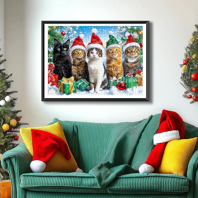 Christmas Cats Gathering 1000 Piece Puzzle for Adults, Fun Puzzles for Adults 1000 Pieces with HD Print & Poster, 27.5 * 19.7 in Dust Free, for Gifts Halloween Christmas Family Games Lovers