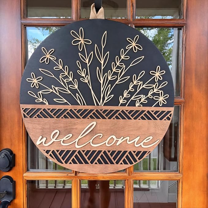 3D Welcome Sign for Front Door, Rustic Round Wood Wreaths Wall Hanging Modern Farmhouse Decor, House Warming Gifts New Home, Porch Fence Decorations for Spring Summer Fall All Seasons Holiday Outdoor