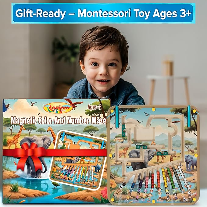 Magnetic Montessori Toys for 3 Year Old - Magnet Board for Kids, Magnetic Maze for Kids Ages 3-5, Color and Number Maze, Puzzles for Toddlers, Magnet Mazes for Toddler, Learning Activity, Safari