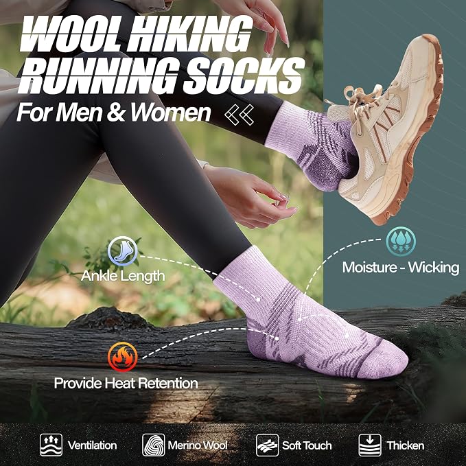 ANTSANG 6 Pairs Merino Wool Quarter Ankle Hiking Running Socks Compression Thermal Thick Cushion Socks for Women Men