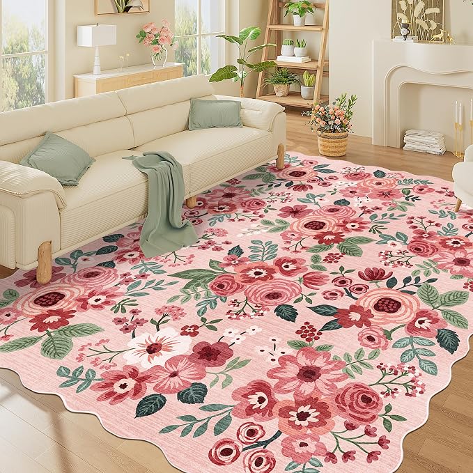 DUKINO 8x10 Area Rug for Living Room, Floral Washable Rug Non Slip, Pink | Soft, Low Pile, Stain Resistant Throw Large Rug for Bedroom, Dining Room, Nursery, Kids Playroom, Pet Friendly, Home Decor
