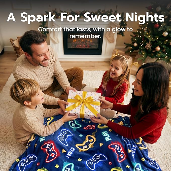 Joiedomi Glow in The Dark Gaming Blanket Gamer Gifts for Boys Age 2 3 4 5 6 7 8 9 10 11 12 Year Old, Soft Cozy Flannel Kids Throw Blanket, Birthday Bedroom Decor Dark Blue 50"×60"