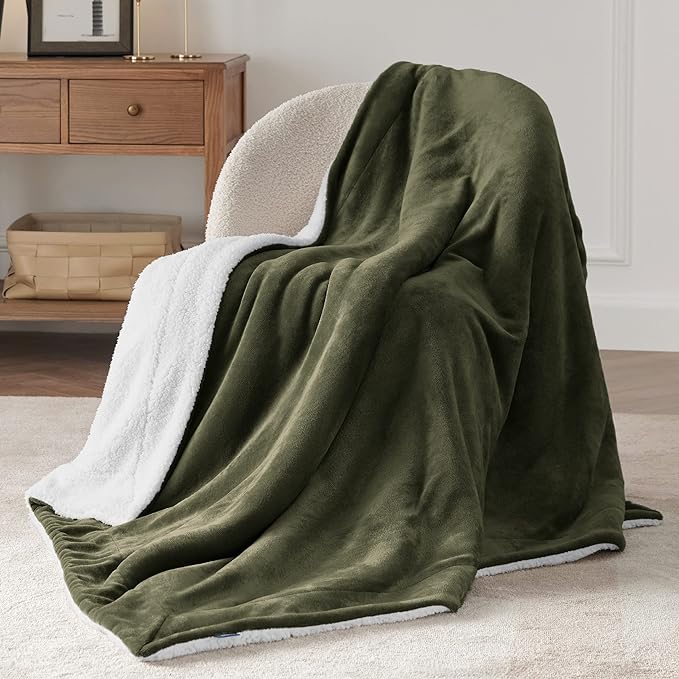Bedsure GentleSoft Sherpa Fleece Throw Blanket for Couch, Non-Heated, Thick and Warm Throw for Women and Men, Soft Fuzzy Plush Blanket for Winter, Olive Green, 50x60 Inches