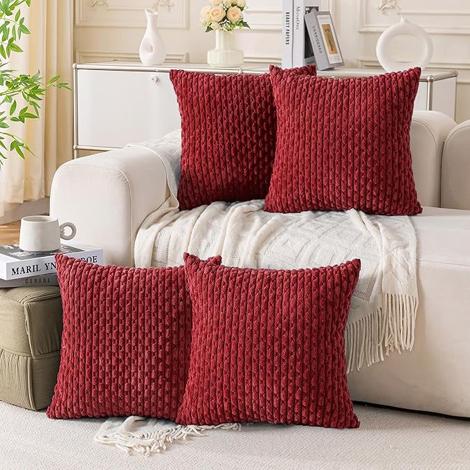 Set of 4 Burgundy Decorative Throw Pillow Covers 16x16 Inch Corduroy Pillow Covers for Bed Couch Sofa Living Room Soft Square Cushion Cases