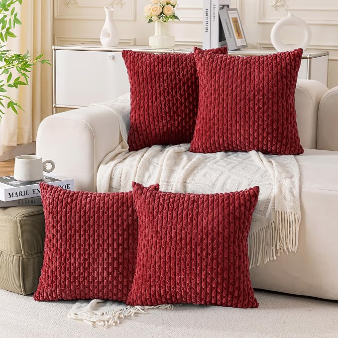 Set of 4 Burgundy Decorative Throw Pillow Covers 26x26 Inch Corduroy Pillow Covers for Bed Couch Sofa Living Room Soft Square Cushion Cases