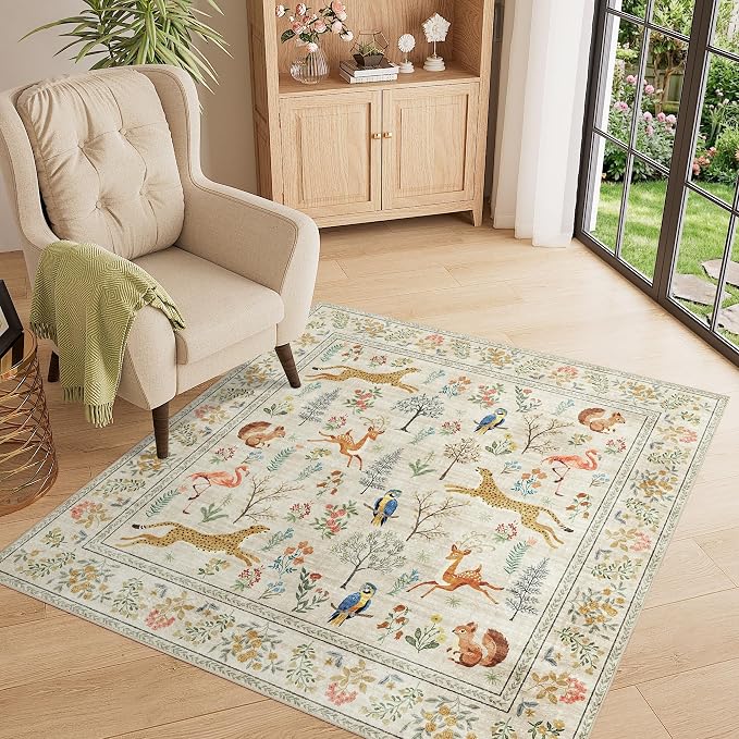 DUKINO 4x4 Square Area Rug, Washable Animal Rug for Entryway, Beige | Non Slip, Low Pile, Soft Indoor Carpet for Bedroom, Kitchen, Office, Kids Room, Farmhouse, Pet Friendly, Stain Resistant