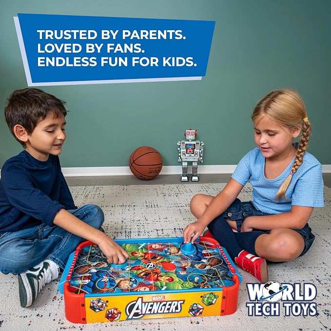Marvel Avengers Air Hockey Table for Kids - Wooden Tabletop Game with Puck, Pushers & Air Flow System - Marvel Licensed - Kids 4+