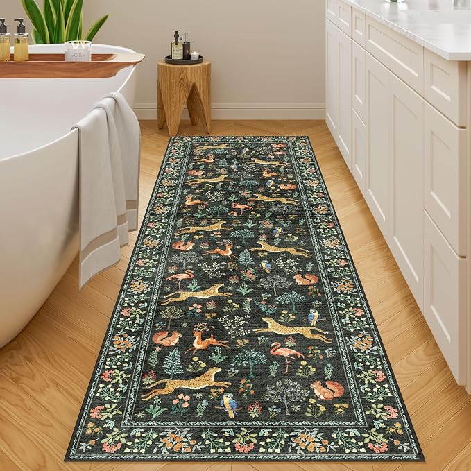 DUKINO 2x6 Runner Rug, Washable Animal Kitchen Rugs Non Slip, Black | Soft, Low Pile, Stain Resistant Indoor Carpet for Hallway, Entryway, Bedroom, Bathroom, Laundry,Pet Friendly, Lightweight