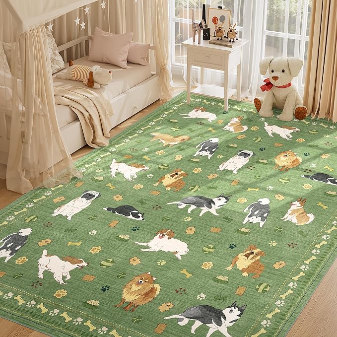 DUKINO 8x10 Area Rug, Washable Dog Rugs for Living Room Soft, Green | Non Slip, Low Pile, Non-Shedding, Stain Resistant Animal Carpet for Bedroom Dining Room Nursery Farmhouse, Pet & Kid Friendly