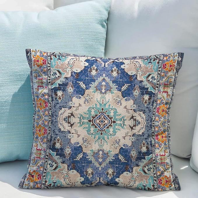 Snycler Boho Throw Pillow Covers 22x22 inch Set of 2 Boho Rug Carpet Double Sided Pattern Cotton Soft Pillow Case Cushion Cover Pillowcase for Couch Sofa Bed Decorative (Blue)