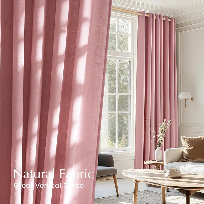 NICETOWN Linen Pink Curtains for Girls Room, Grommet Thick Flax Semi Sheer Window Treatments Privacy Assured with Light Filtering for Bedroom/Kids Room, 2 Panels, W55 x L84