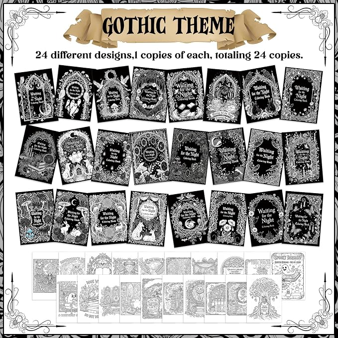 Liliful 24 Pcs Gothic Dark Romantic Coloring Book Bulk Intricate Noir Illustration Books, Ideal for Leisure Relaxation, Gothic Enthusiast Gifts & Atmospheric Creative Activities