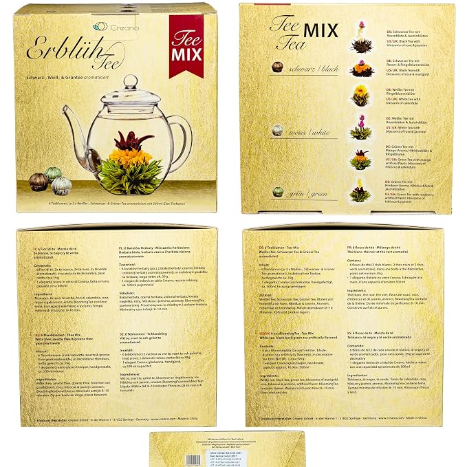 Creano Tea Flowers Mix Golden Gift Set Blooming Tea with Glass Teapot White, Green & Black Tea in 6 Varieties Tea Flower Blooming Tea Gift for Women