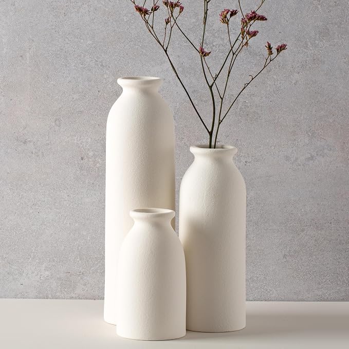CEMABT White Ceramic vase Set-3 Flower vases for Decor,Modern Boho Farmhouse Home Decor,Decorative vase for Pampas Grass&Dried Flowers,idea Shelf,Table,Bookshelf