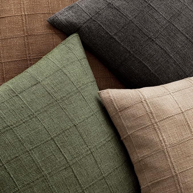 Foindtower Set of 2 Decorative Linen Check Throw Pillow Covers Neutral Farmhouse Vintage Cushion Covers Modern Boho Home Decor for Sofa Chair Couch Bedroom Living Room,24×24 Inch,Brown Hazel