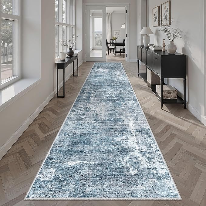 Soalmost Abstract Runner Rug 2x12 Hallway Kitchen Runners Blue/Grey | Stain Resistant Vintage Rugs for Bathroom Laundry Room, Low Pile Foldable Floor Carpet Mat for Entryway Corridor Bedroom
