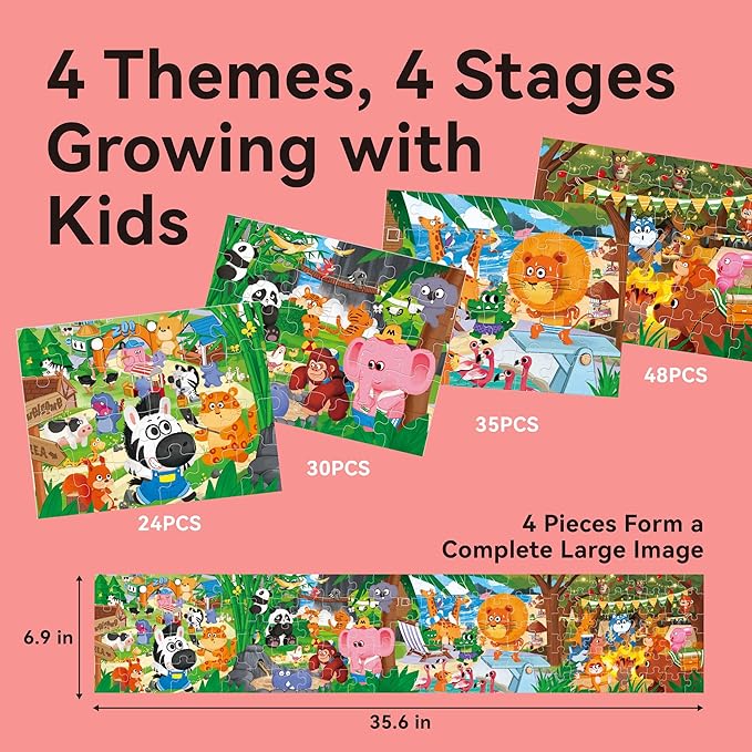 Dotimo 4-Pack Animal Puzzles for Toddlers 3-5 – Lion, Elephant, Giraffe & Monkey Progressive Learning Puzzles, 24/30/35/48 Piece Educational Games with Storage Box, Family Activities & Gifts