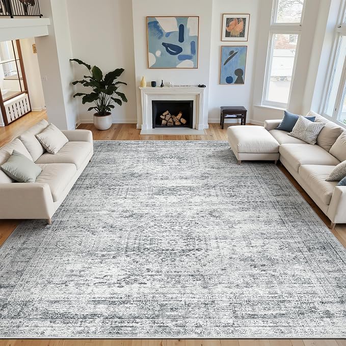 Soalmost 12x15 Washable Area Rugs Soft Living Room Rug Abstract Grey | Large Vintage Carpet Non-Slip for Dining Bedroom, Low Pile Thin Stain Resistant Foldable Indoor Floor Mat Home Office Decor