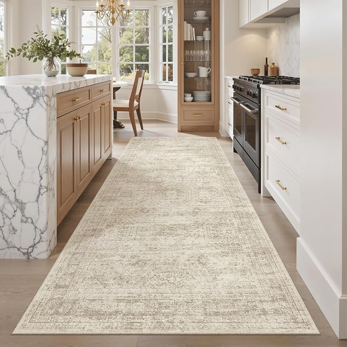 Soalmost Washable 4x8 Hallway Runner Rug Non-Slip Kitchen Entry Rugs Beige | Vintage Wide Runners for Living Dining Room Entryway, Foldable Low-Pile Floor Carpet Mat 8ft for Corridor Foyer Bedroom