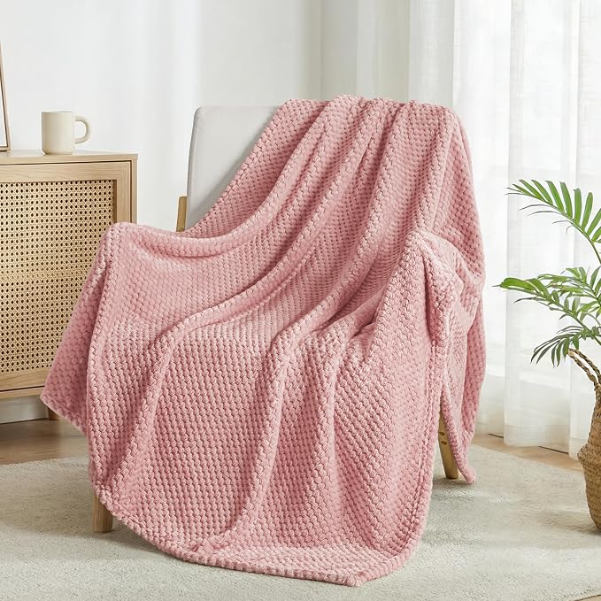 Exclusivo Mezcla Large Waffle Fleece Throw Blanket for Couch, Pink | Lightweight Soft Blanket for Sofa, Bed, Living Room, Plush Fluffy Throw for Home Decor, Travel, All Season, 50x70 Inches