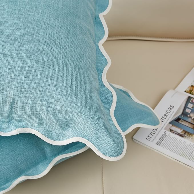 Scalloped Pillow Covers Set of 2 for Living Room | Spring Decorative Sofa Couch Pillows | Boho Sytle Decorative Home | Aesthetic Funky Preppy Pillow Cases (Blue, 24x24 Inch)