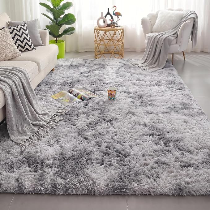 Amdrebio Tie-Dyed Light Grey Fluffy Large Rug 6x9 for Living Room Bedroom | Plush Shaggy Furry Fuzzy Shag Kids Carpet, Nursery Classroom Playroom Men Cave Apartment Home Decor, Cool Farmhouse Aesthetic