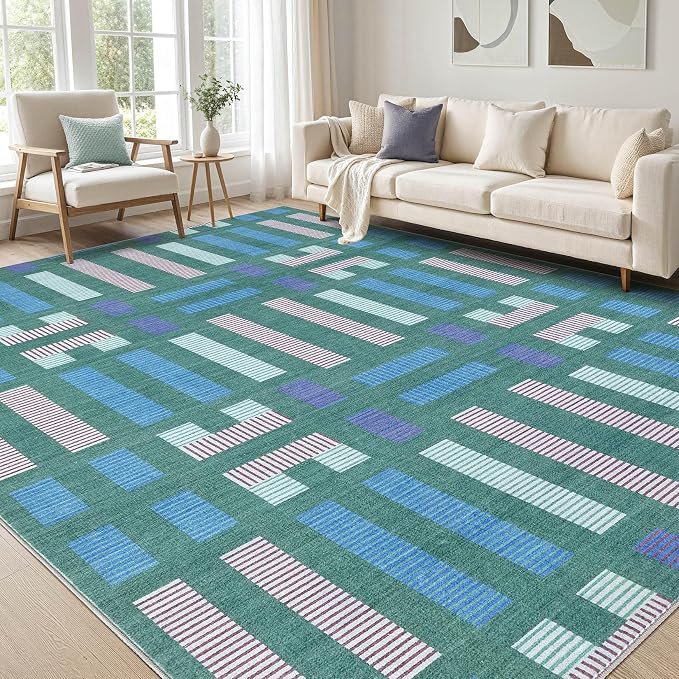 cotiled 9x12 Area Rugs Living Room Rug: Washable Boho Rugs with Non Slip Backing Large Soft Indoor Stain Resistant Carpet for Bedroom Farmhouse Dining Room Lightweight Home Decor Green