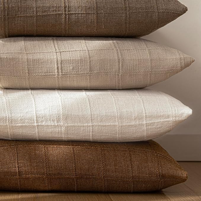 Foindtower Set of 2 Decorative Linen Check Throw Pillow Covers Neutral Farmhouse Vintage Cushion Covers Modern Boho Home Decor for Sofa Chair Couch Bedroom Living Room,24×24 Inch,Cream White