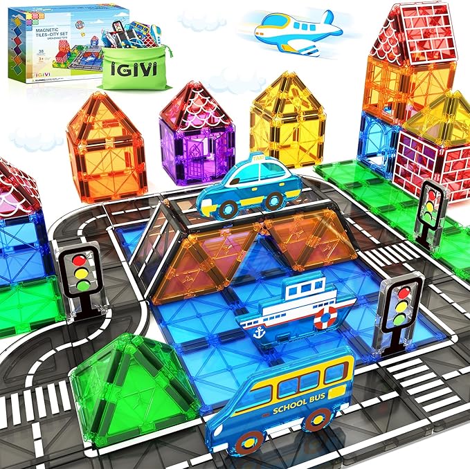 Magnetic Tiles Road Set, Magnetic Building Blocks for Toddlers, STEM Construction Toys for Kids Ages 3+, Gifts Toys for Boys & Girls - 38 PCS