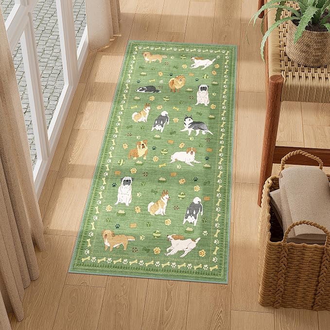 DUKINO 2x4 Rug Runner, Washable Dog Bathroom Rug Soft Non Slip, Green | Low Pile, Non-Shedding, Stain Resistant, Indoor Animal Carpet Runner for Kitchen Entryway Hallway Laundry Farmhouse Bedroom